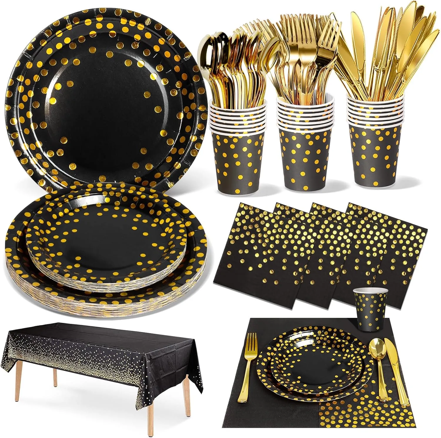 141 Pieces Black Gold Party Supplies, Party Dinnerware Sets Include Paper Plates Napkins Cups Silverware, for Wedding Bridal Shower Engagement Birthday Parties Decoration -20 Serves