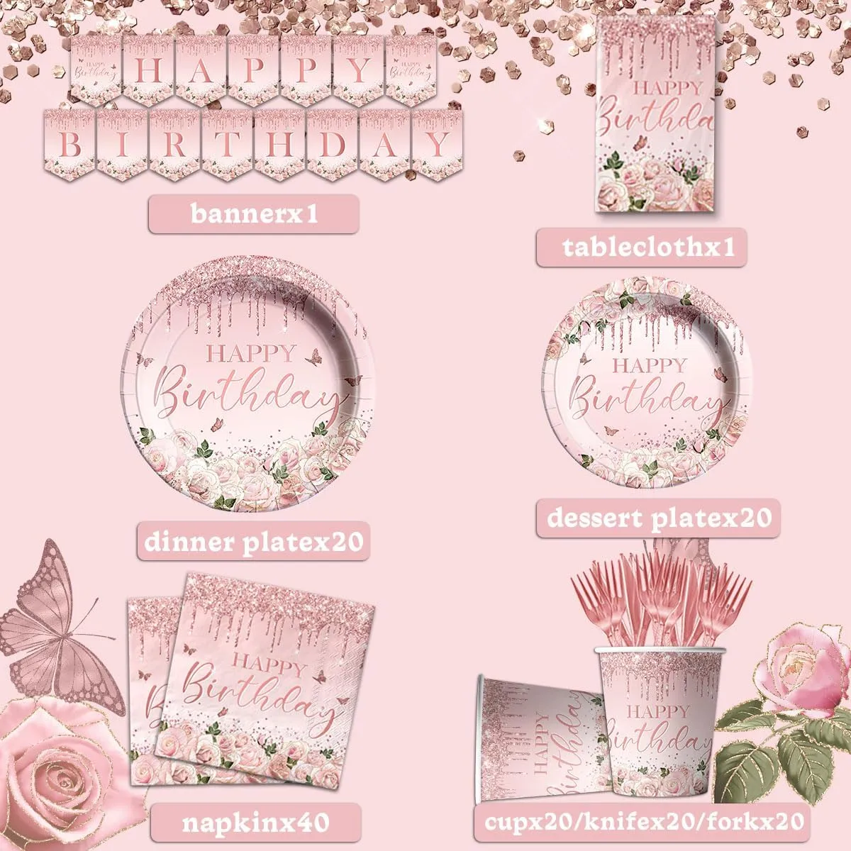 142Pcs Pink Rose Gold Birthday Party Supplies - Pink Birthday Party Tableware Disposable Dinner Plate,Tablecloth Rose Gold Theme Birthday Party Decoration for 50th 60th 70th 80th Women or Girls