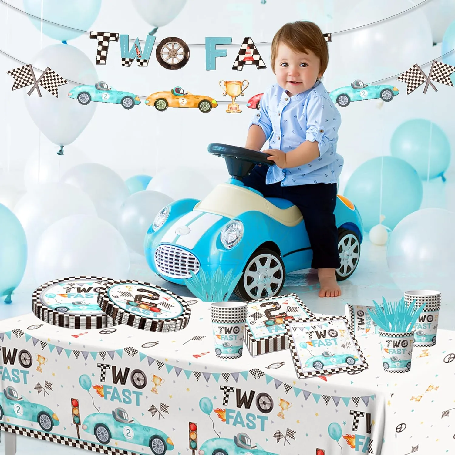 142pcs Two Fast Birthday Party Tableware Decorations for Boys Blue Race Car Checkered Flags Racing Wheel Disposable Plates,Tablecloth,Napkins,Cups,Forks and Knives for