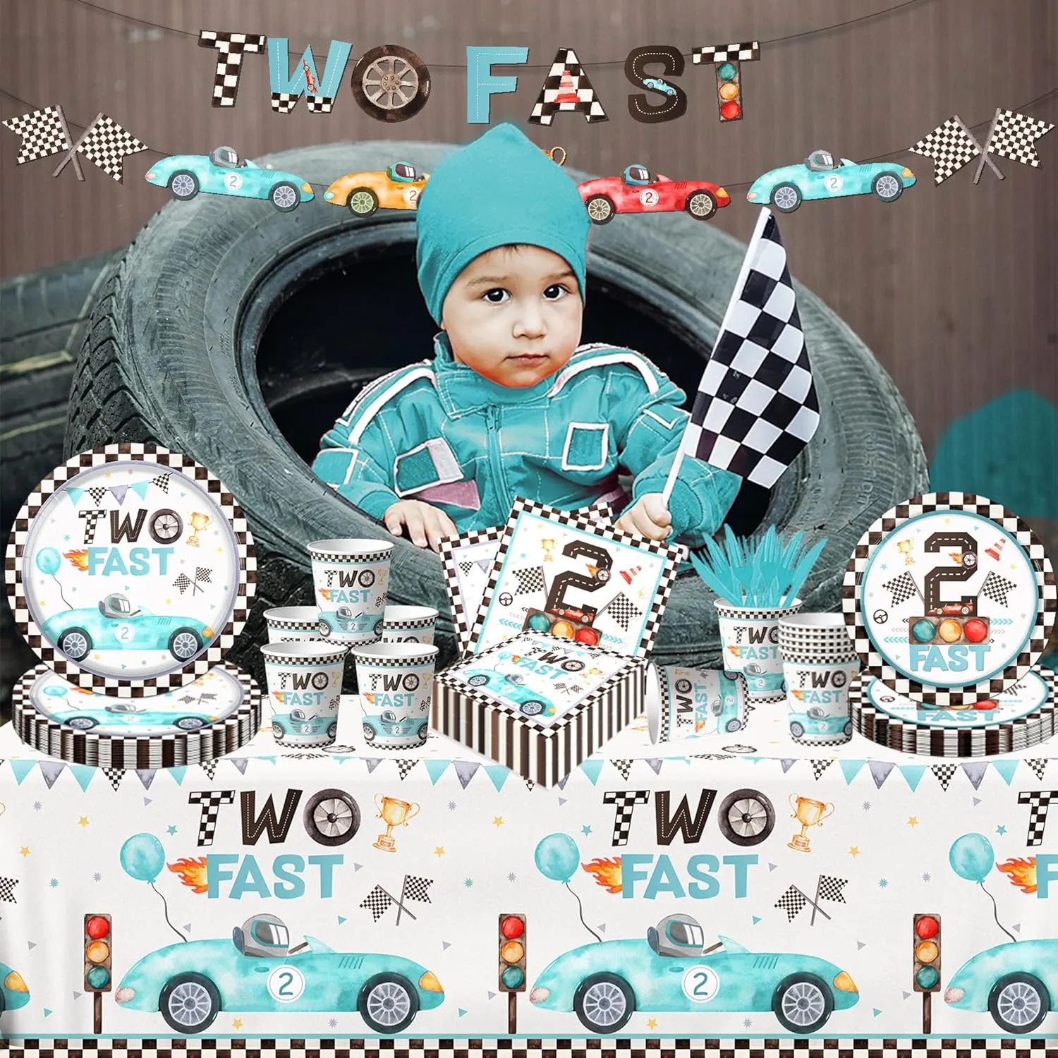 142pcs Two Fast Birthday Party Tableware Decorations for Boys Blue Race Car Checkered Flags Racing Wheel Disposable Plates,Tablecloth,Napkins,Cups,Forks and Knives for