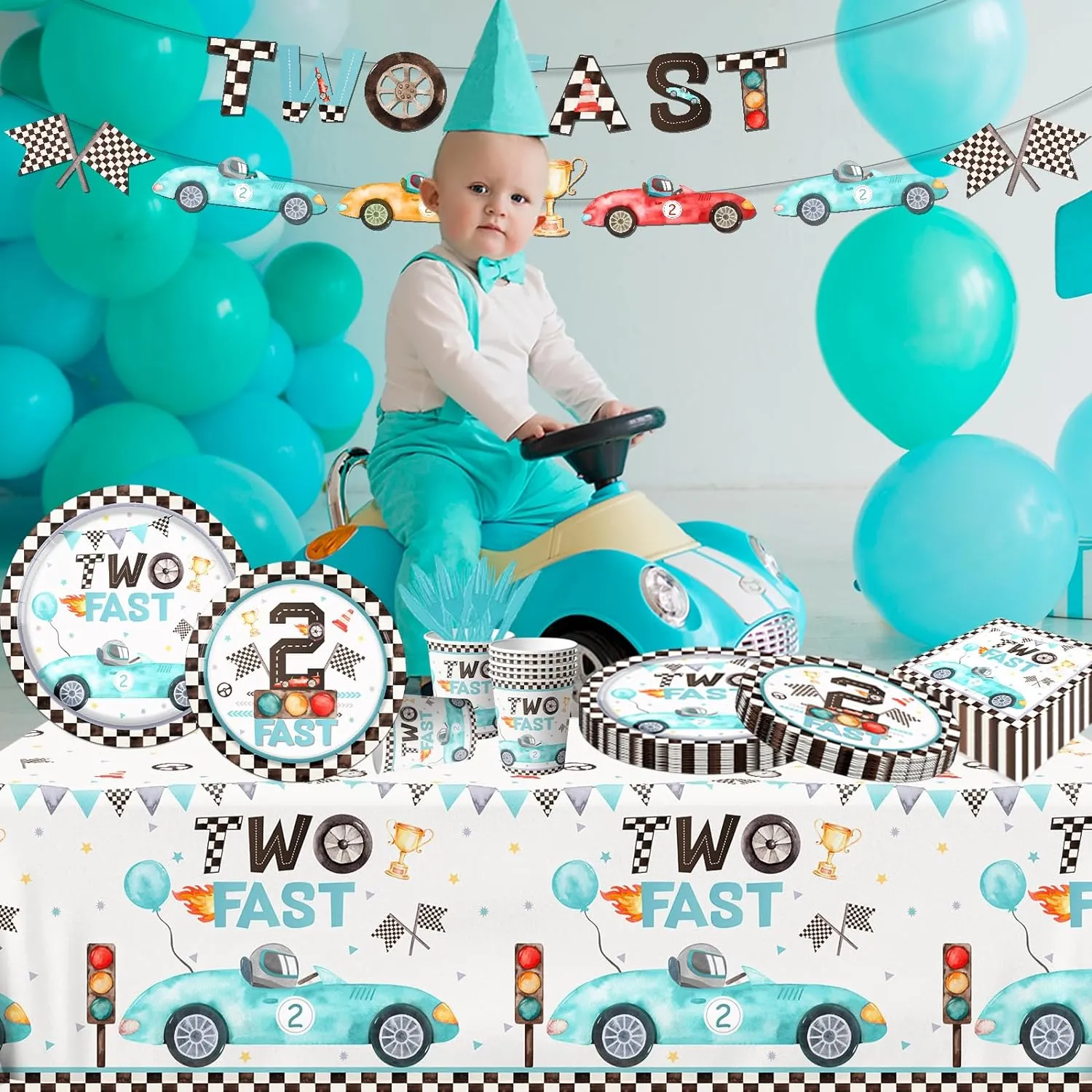 142pcs Two Fast Birthday Party Tableware Decorations for Boys Blue Race Car Checkered Flags Racing Wheel Disposable Plates,Tablecloth,Napkins,Cups,Forks and Knives for
