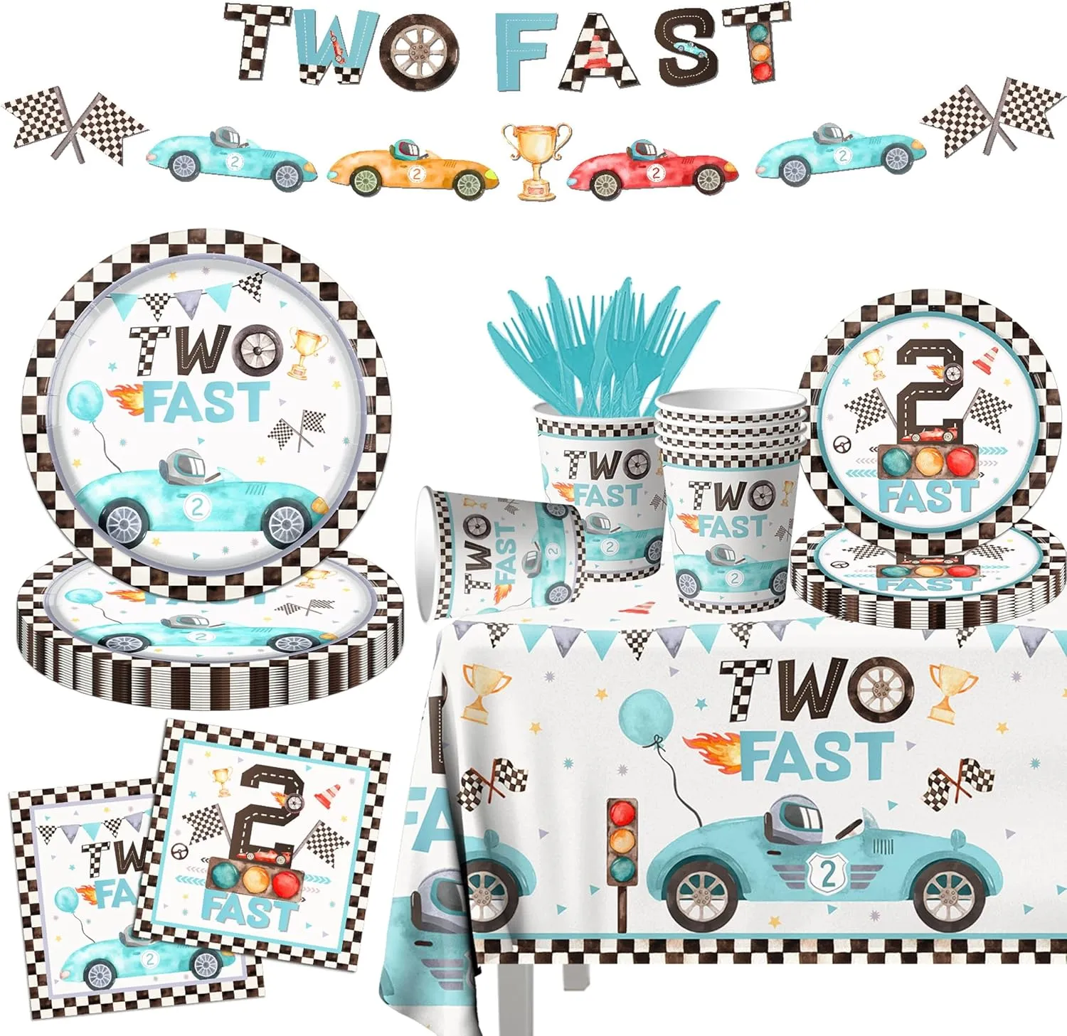 142pcs Two Fast Birthday Party Tableware Decorations for Boys Blue Race Car Checkered Flags Racing Wheel Disposable Plates,Tablecloth,Napkins,Cups,Forks and Knives for