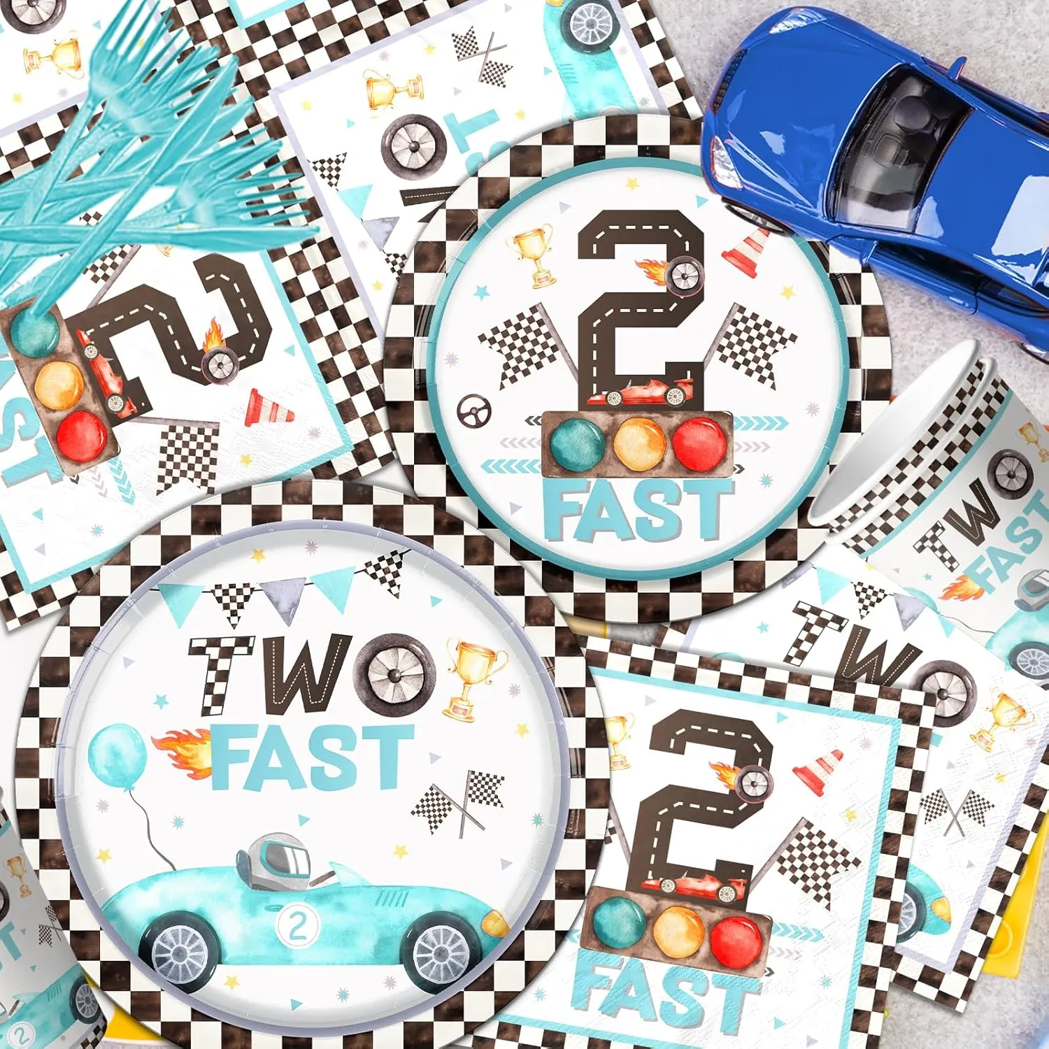 142pcs Two Fast Birthday Party Tableware Decorations for Boys Blue Race Car Checkered Flags Racing Wheel Disposable Plates,Tablecloth,Napkins,Cups,Forks and Knives for