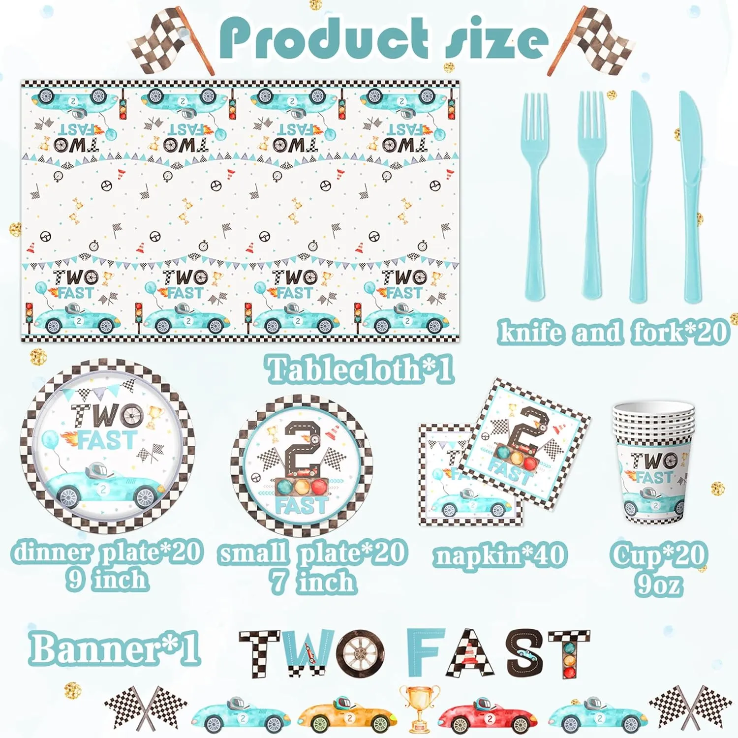 142pcs Two Fast Birthday Party Tableware Decorations for Boys Blue Race Car Checkered Flags Racing Wheel Disposable Plates,Tablecloth,Napkins,Cups,Forks and Knives for