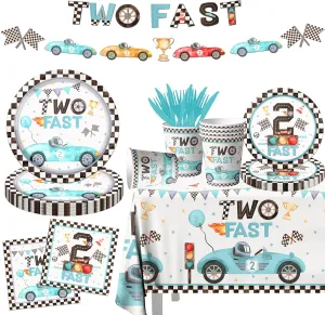 142pcs Two Fast Birthday Party Tableware Decorations for Boys Blue Race Car Checkered Flags Racing Wheel Disposable Plates,Tablecloth,Napkins,Cups,Forks and Knives for