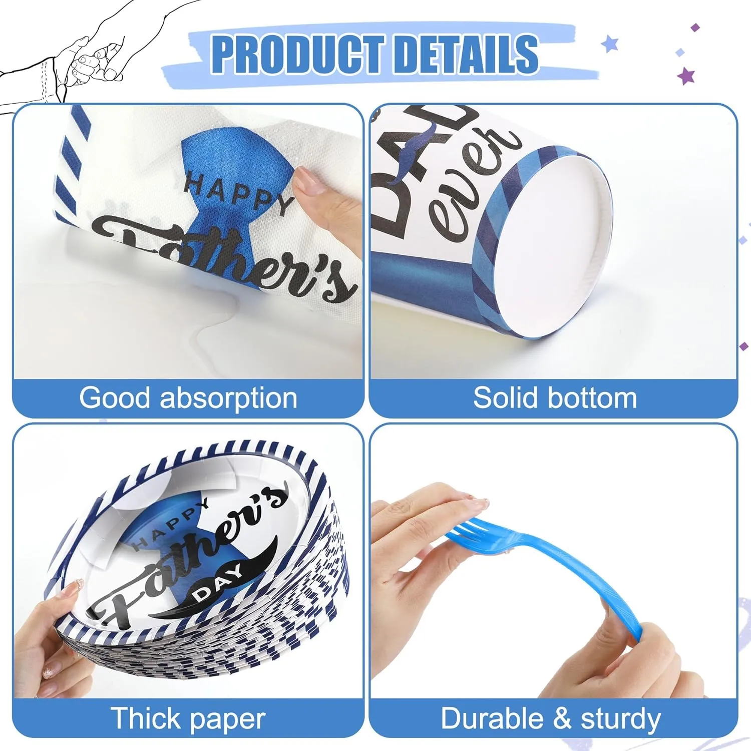 144 Pieces Father's Day Party Tableware Sets Including Disposable Plates Napkins Cups Forks Serves 24 for Father's Day Decorations Dad Grandpa Celebration Happy Father's Day Party Supplies