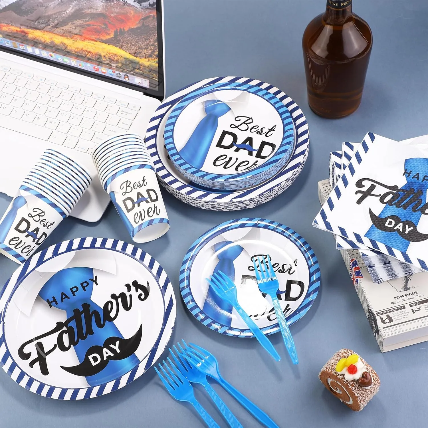 144 Pieces Father's Day Party Tableware Sets Including Disposable Plates Napkins Cups Forks Serves 24 for Father's Day Decorations Dad Grandpa Celebration Happy Father's Day Party Supplies