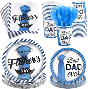 144 Pieces Father's Day Party Tableware Sets Including Disposable Plates Napkins Cups Forks Serves 24 for Father's Day Decorations Dad Grandpa Celebration Happy Father's Day Party Supplies