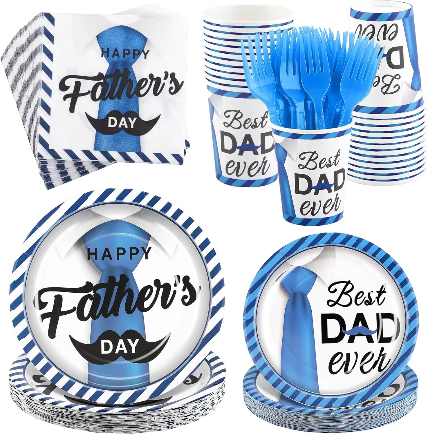144 Pieces Father's Day Party Tableware Sets Including Disposable Plates Napkins Cups Forks Serves 24 for Father's Day Decorations Dad Grandpa Celebration Happy Father's Day Party Supplies