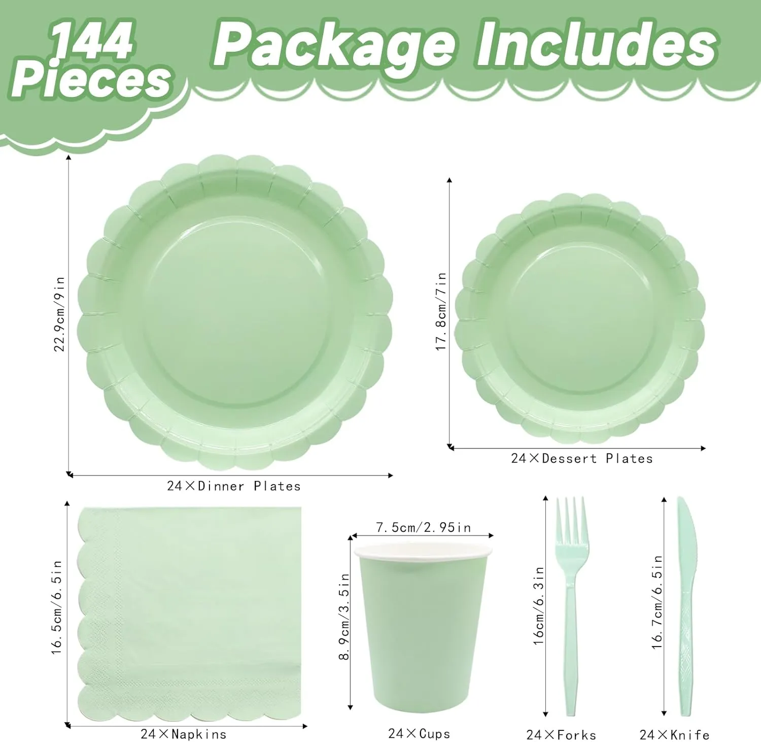 144Pcs Light Green Party Supplies Light Green Tableware Set Serve 24 Guests Includes Paper Plates Napkins Cups for Birthday Wedding Baby Shower Party Decorations