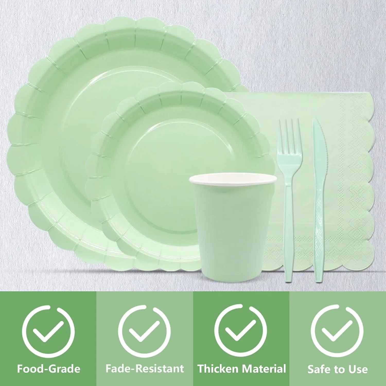 144Pcs Light Green Party Supplies Light Green Tableware Set Serve 24 Guests Includes Paper Plates Napkins Cups for Birthday Wedding Baby Shower Party Decorations