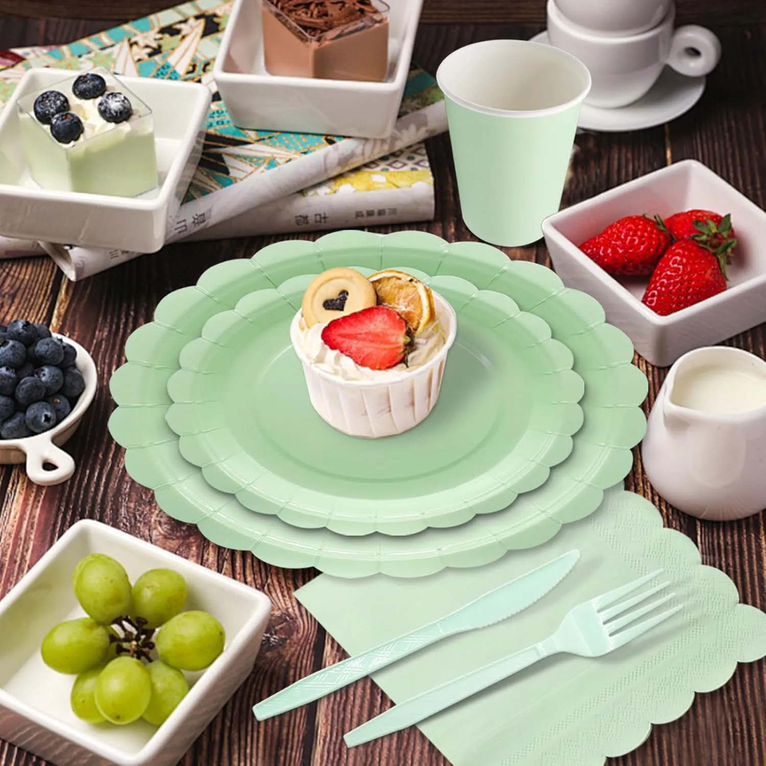 144Pcs Light Green Party Supplies Light Green Tableware Set Serve 24 Guests Includes Paper Plates Napkins Cups for Birthday Wedding Baby Shower Party Decorations