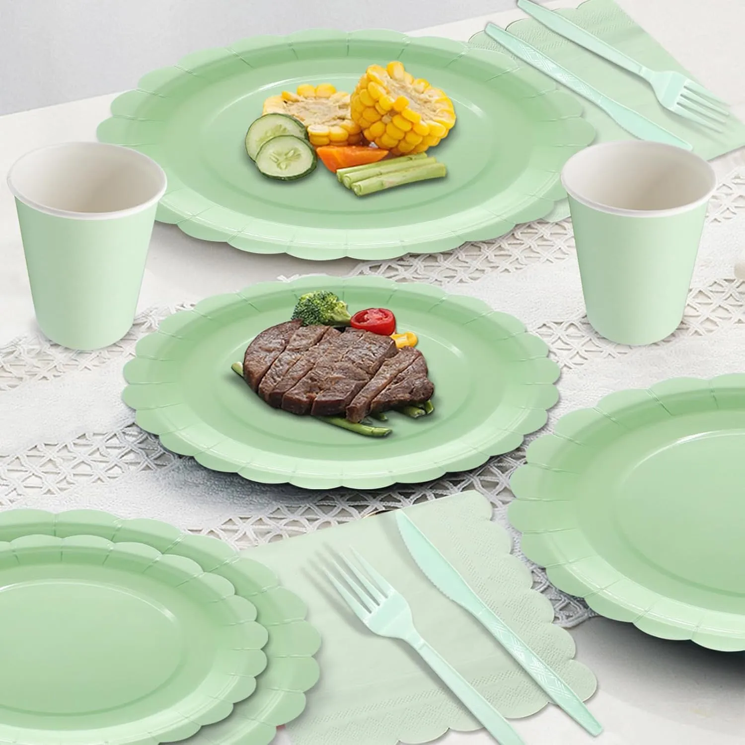 144Pcs Light Green Party Supplies Light Green Tableware Set Serve 24 Guests Includes Paper Plates Napkins Cups for Birthday Wedding Baby Shower Party Decorations