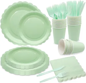 144Pcs Light Green Party Supplies Light Green Tableware Set Serve 24 Guests Includes Paper Plates Napkins Cups for Birthday Wedding Baby Shower Party Decorations