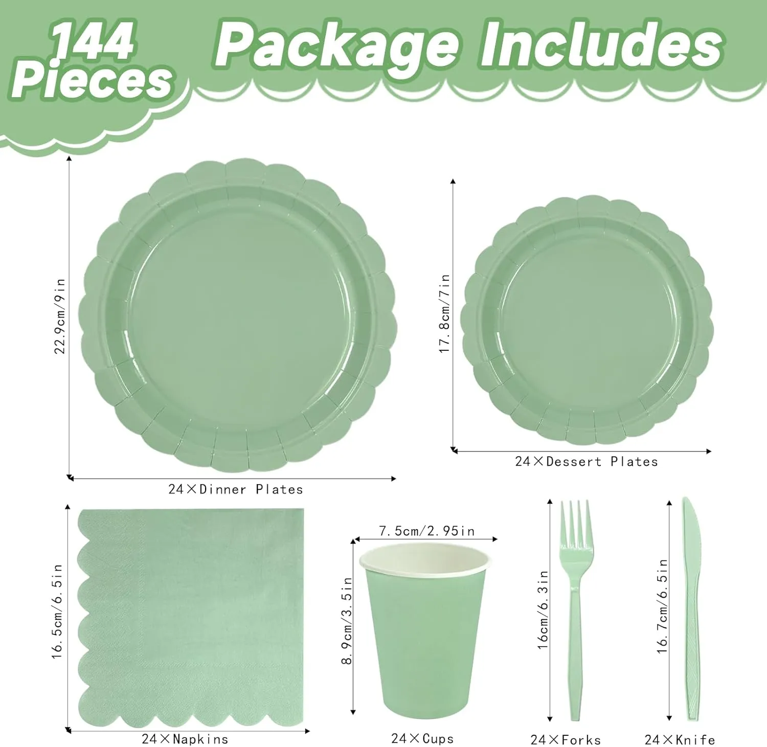 144Pcs Sage Green Party Supplies Sage Green Tableware Set Serve 24 Guests Includes Paper Plates Napkins Cups for Birthday Wedding Baby Shower Party Decorations