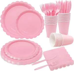144Pcs Vintage Floral Paper Plates Set Disposable Party Tableware Scalloped Edge For Birthday Garden Party Afternoon Teas Baby Shower Wedding,Serve 24 Guests (Pink)