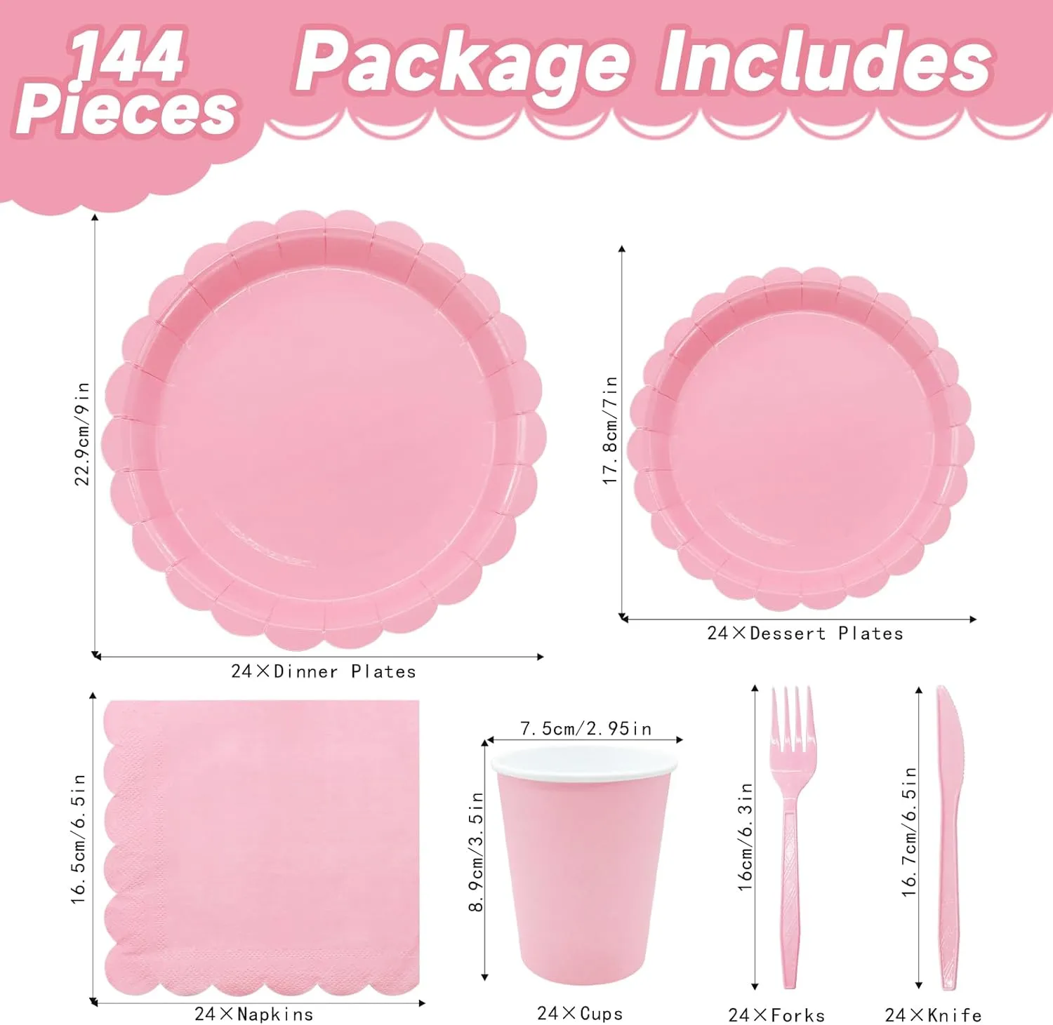 144Pcs Vintage Floral Paper Plates Set Disposable Party Tableware Scalloped Edge For Birthday Garden Party Afternoon Teas Baby Shower Wedding,Serve 24 Guests (Pink)