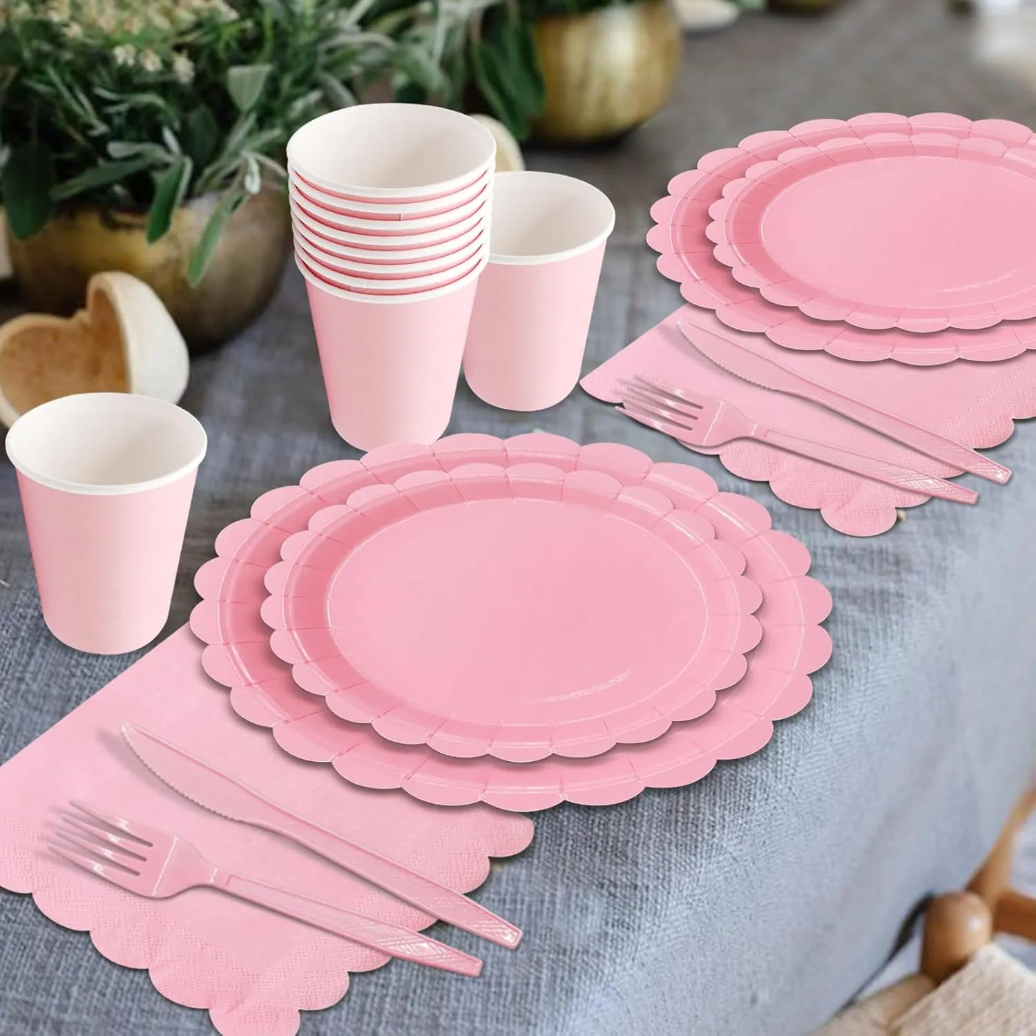144Pcs Vintage Floral Paper Plates Set Disposable Party Tableware Scalloped Edge For Birthday Garden Party Afternoon Teas Baby Shower Wedding,Serve 24 Guests (Pink)