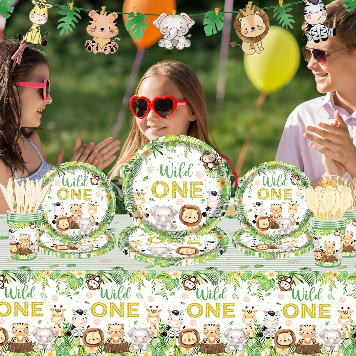146 PCS Wild One Birthday Decorations, Jungle Safari Baby Shower Decorations Tableware Set with Animal Plates Napkins Cutlery Tablecloth Banner for 20 Guests