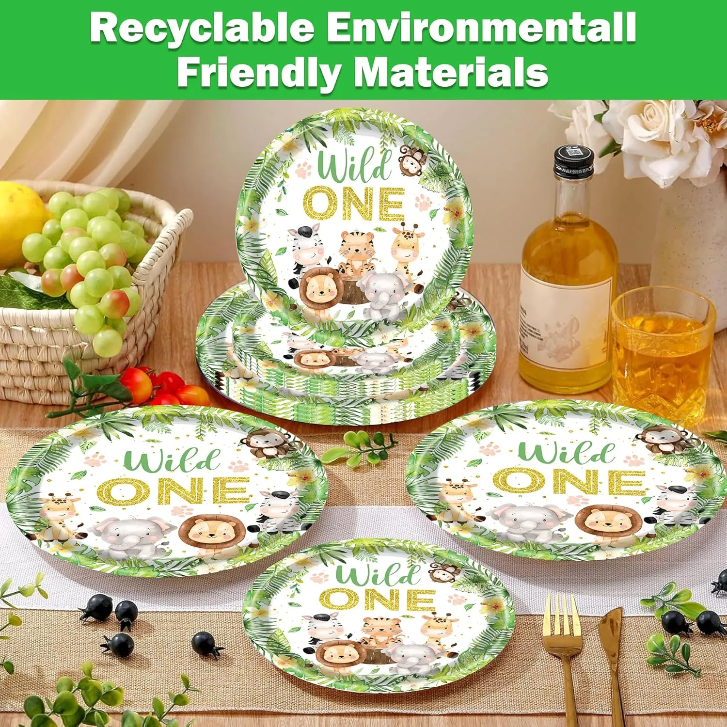 146 PCS Wild One Birthday Decorations, Jungle Safari Baby Shower Decorations Tableware Set with Animal Plates Napkins Cutlery Tablecloth Banner for 20 Guests