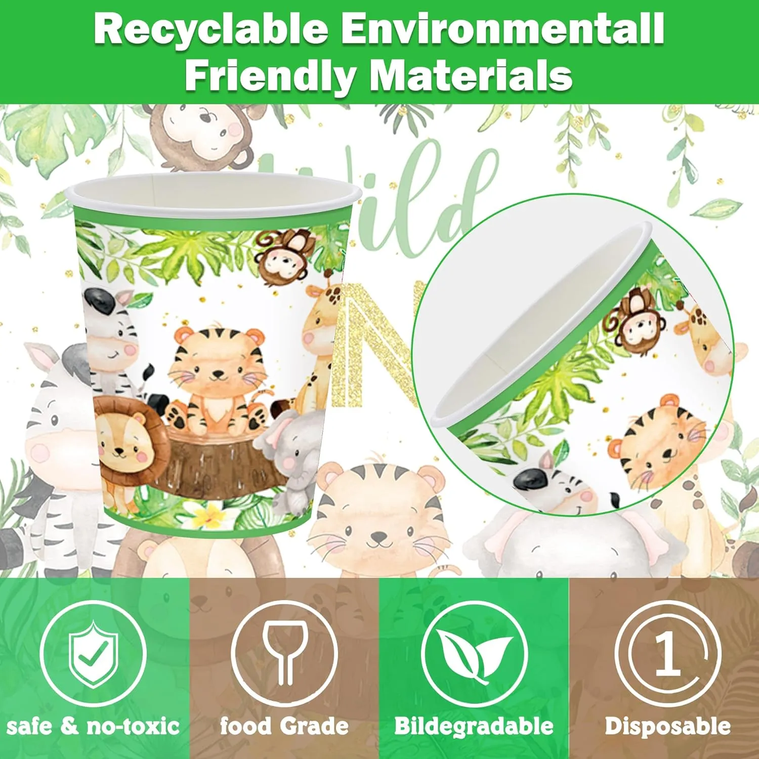 146 PCS Wild One Birthday Decorations, Jungle Safari Baby Shower Decorations Tableware Set with Animal Plates Napkins Cutlery Tablecloth Banner for 20 Guests