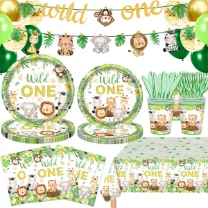 146 PCS Wild One Birthday Decorations, Jungle Safari Baby Shower Decorations Tableware Set with Animal Plates Napkins Cutlery Tablecloth Banner for 20 Guests