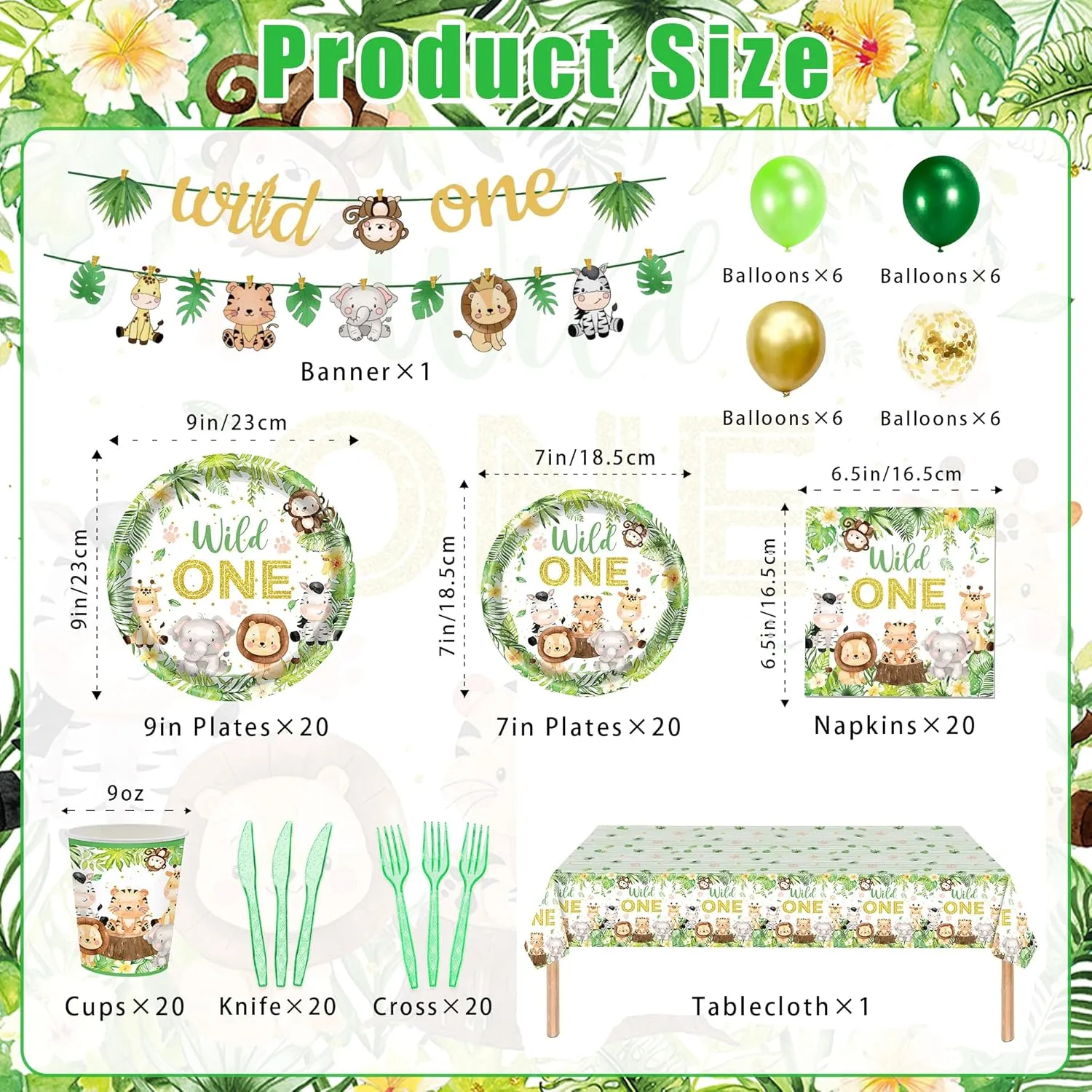 146 PCS Wild One Birthday Decorations, Jungle Safari Baby Shower Decorations Tableware Set with Animal Plates Napkins Cutlery Tablecloth Banner for 20 Guests