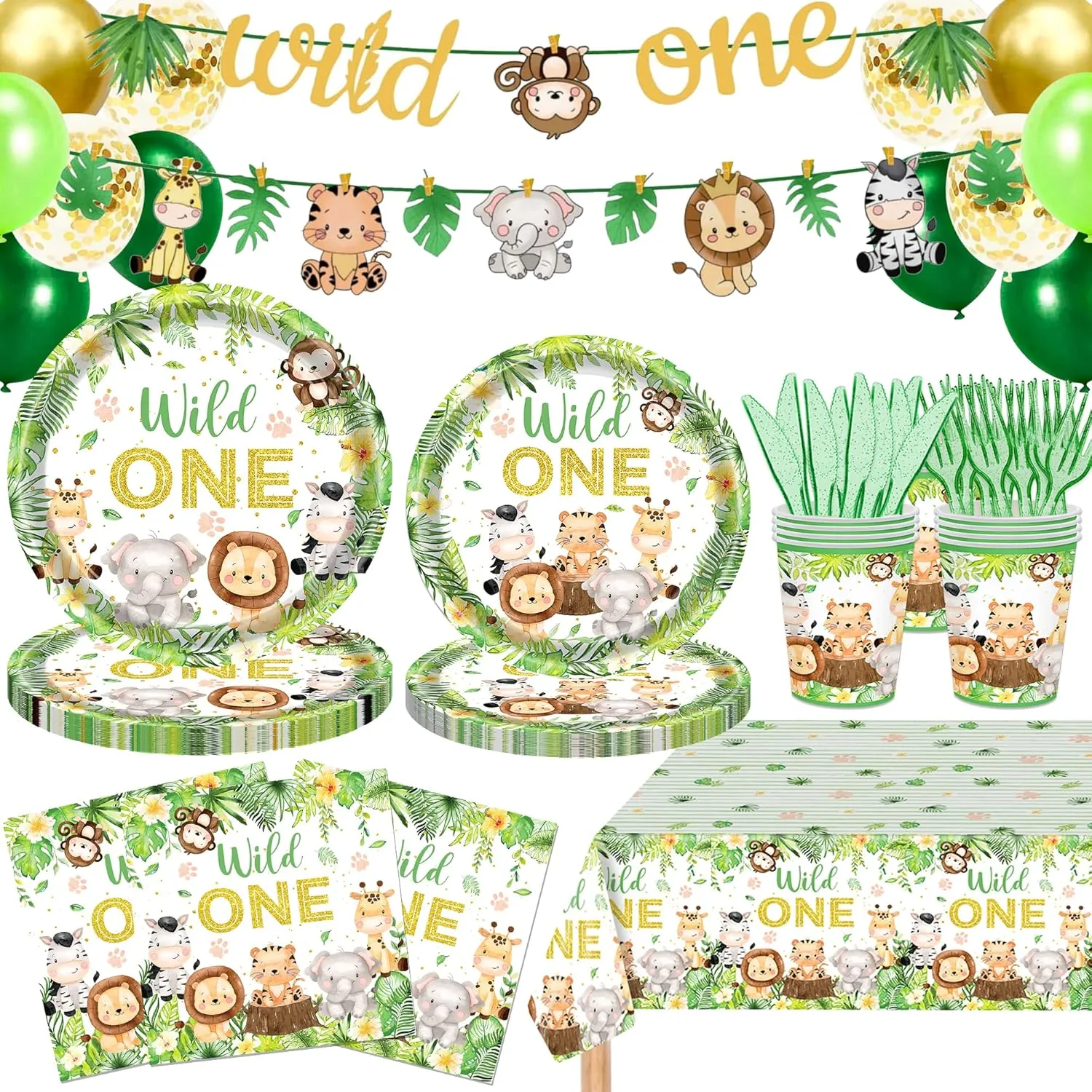 146 PCS Wild One Birthday Decorations, Jungle Safari Baby Shower Decorations Tableware Set with Animal Plates Napkins Cutlery Tablecloth Banner for 20 Guests