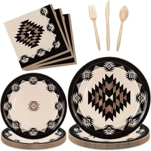 150Pcs Western Theme Tableware Set Simple Modern Aztec Disposable Dinnerware Disposable 7" 9" Plate Paper Napkin Plastic Knives Forks Spoons, Serves 25