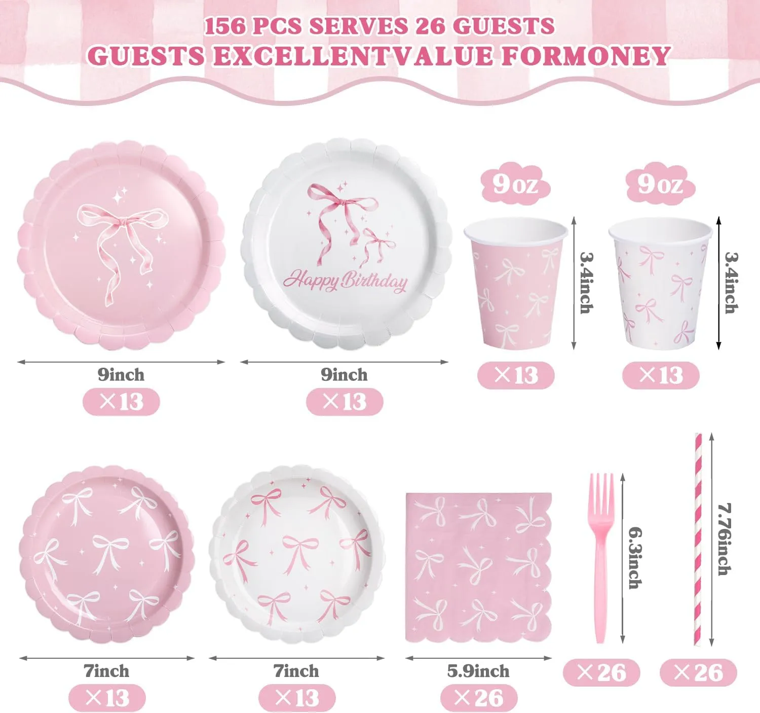 156 Pcs Pink Bow Party Plates and Napkins Cups Tableware Sets for Coquette Birthday Decorations, Pink Birthday Party Supplies Include Straws, Pink Birthday Decorations Which Can Serve 26