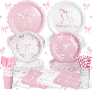 156 Pcs Pink Bow Party Plates and Napkins Cups Tableware Sets for Coquette Birthday Decorations, Pink Birthday Party Supplies Include Straws, Pink Birthday Decorations Which Can Serve 26