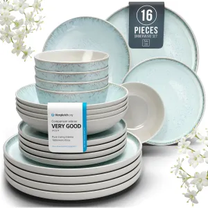 16 Piece Dinnerware Sets for 4 - Modern Style Stoneware Dinnerware Set - Scratch Resistant,Dishwasher,Microwave Safe Plates and Bowls Sets Ceramic,Dish Set, Bowl and Plate Set - Beige and Light Blue…