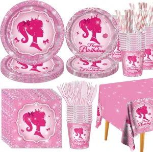 161CT Pink Girl Babe Happy Birthday Party Supplies Babe Head Paper Plates Cups Straw Napkins Spoon Fork knives Tablecloth Hot Pink Girl Party Decorations Tableware for 20 Guests for Bday Baby Shower