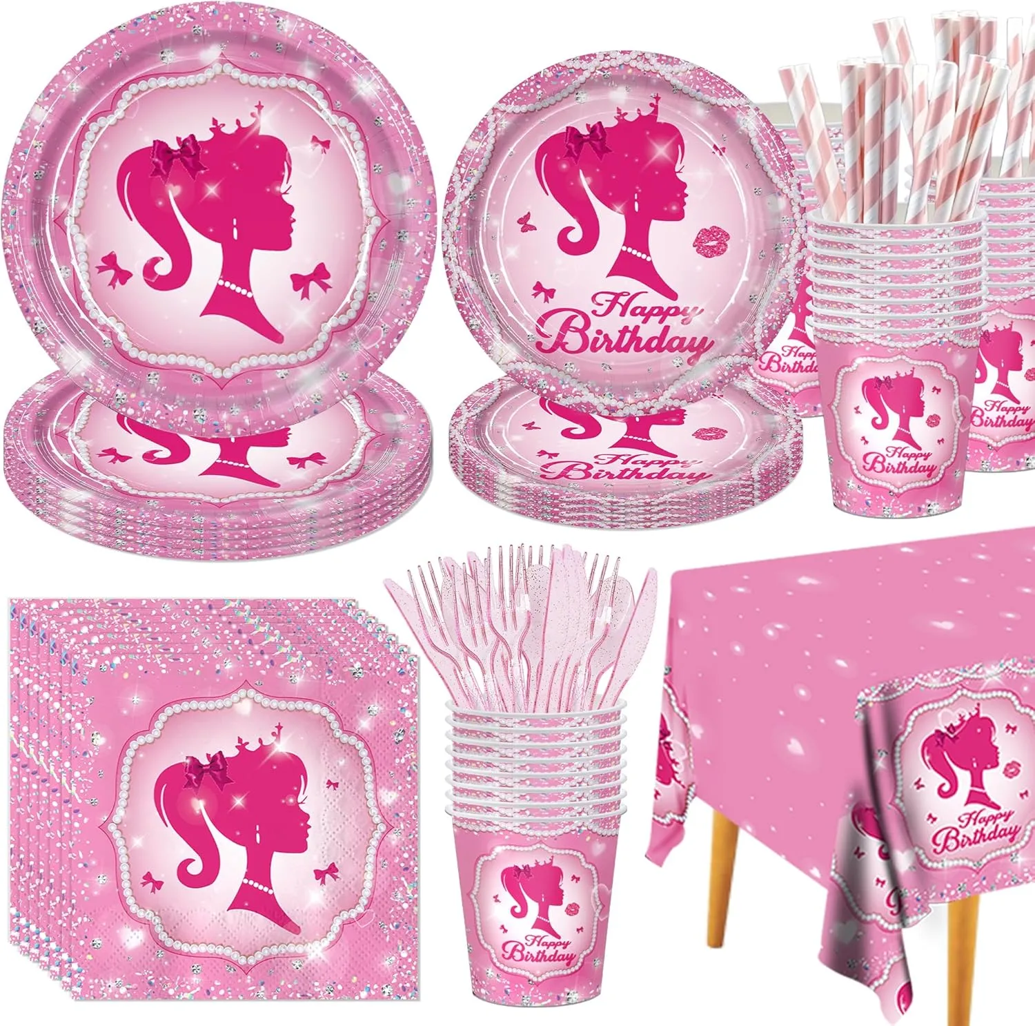 161CT Pink Girl Babe Happy Birthday Party Supplies Babe Head Paper Plates Cups Straw Napkins Spoon Fork knives Tablecloth Hot Pink Girl Party Decorations Tableware for 20 Guests for Bday Baby Shower