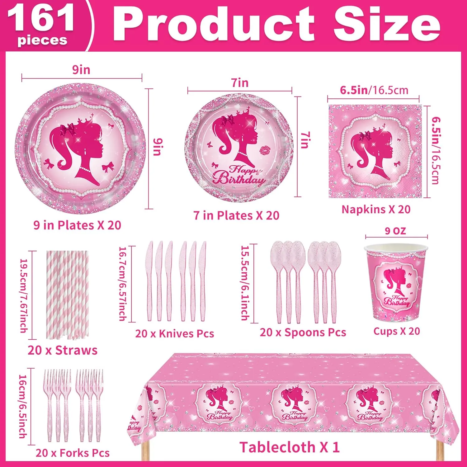 161CT Pink Girl Babe Happy Birthday Party Supplies Babe Head Paper Plates Cups Straw Napkins Spoon Fork knives Tablecloth Hot Pink Girl Party Decorations Tableware for 20 Guests for Bday Baby Shower