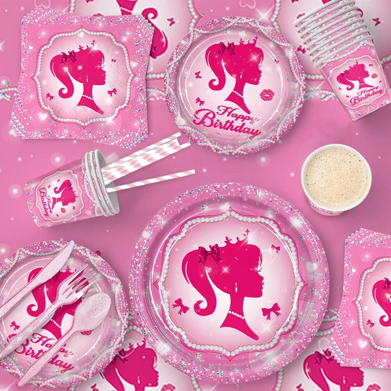 161CT Pink Girl Babe Happy Birthday Party Supplies Babe Head Paper Plates Cups Straw Napkins Spoon Fork knives Tablecloth Hot Pink Girl Party Decorations Tableware for 20 Guests for Bday Baby Shower