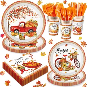 168 PCS Fall Party Decorations - Autumn Pumpkin Truck Disposable Tableware Includes Paper Plates, Napkins, Cups, and Cutlery for Fall Thanksgiving Party Decorations, Serves 24