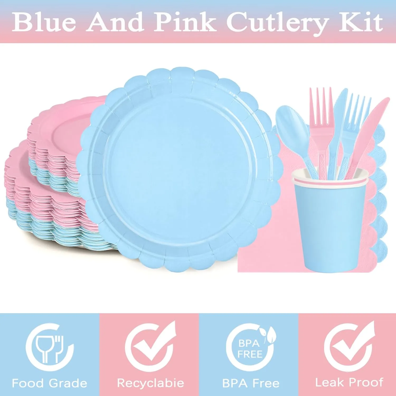 168 PCS Light Pink and Blue Scalloped Plates and Napkins, Pink Disposable Plates Set with Napkins Cups Plastic Spoons Forks Knivesfor Baby Shower Gender Reveal Birthday Party Supplies Serve 24 Guests