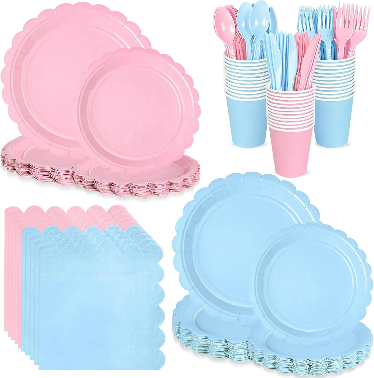 168 PCS Light Pink and Blue Scalloped Plates and Napkins, Pink Disposable Plates Set with Napkins Cups Plastic Spoons Forks Knivesfor Baby Shower Gender Reveal Birthday Party Supplies Serve 24 Guests