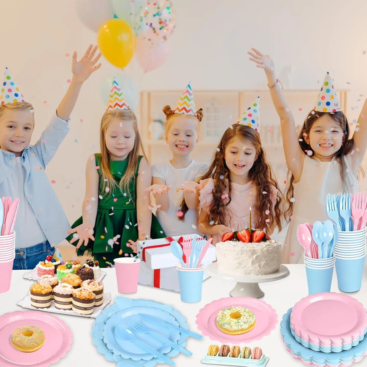 168 PCS Light Pink and Blue Scalloped Plates and Napkins, Pink Disposable Plates Set with Napkins Cups Plastic Spoons Forks Knivesfor Baby Shower Gender Reveal Birthday Party Supplies Serve 24 Guests