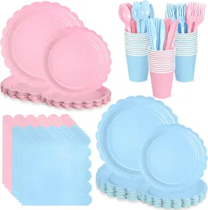 168 PCS Light Pink and Blue Scalloped Plates and Napkins, Pink Disposable Plates Set with Napkins Cups Plastic Spoons Forks Knivesfor Baby Shower Gender Reveal Birthday Party Supplies Serve 24 Guests