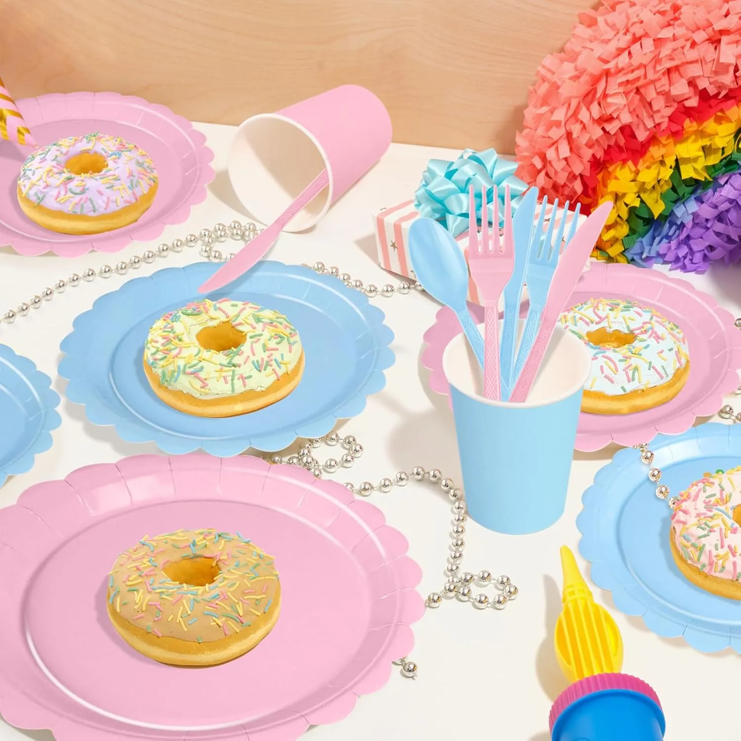 168 PCS Light Pink and Blue Scalloped Plates and Napkins, Pink Disposable Plates Set with Napkins Cups Plastic Spoons Forks Knivesfor Baby Shower Gender Reveal Birthday Party Supplies Serve 24 Guests