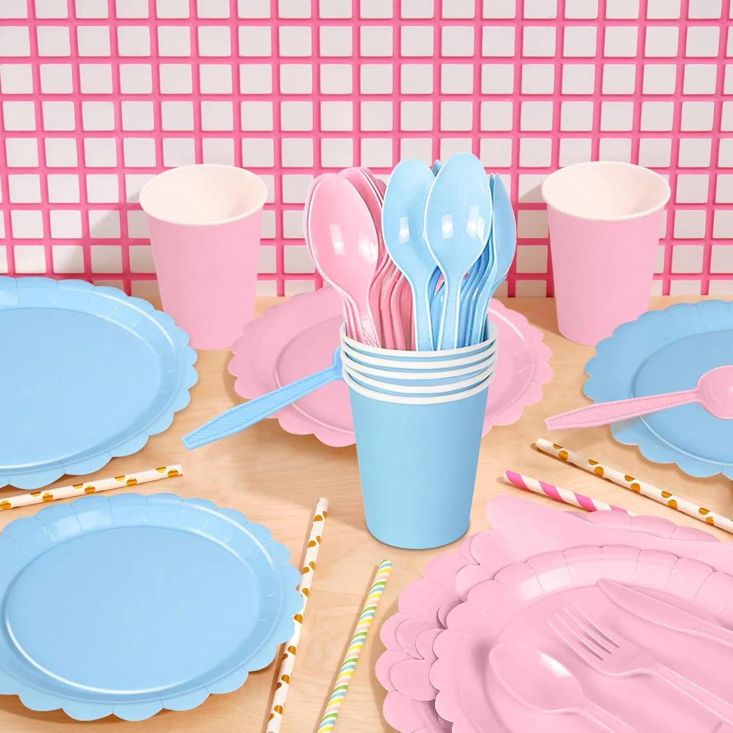 168 PCS Light Pink and Blue Scalloped Plates and Napkins, Pink Disposable Plates Set with Napkins Cups Plastic Spoons Forks Knivesfor Baby Shower Gender Reveal Birthday Party Supplies Serve 24 Guests