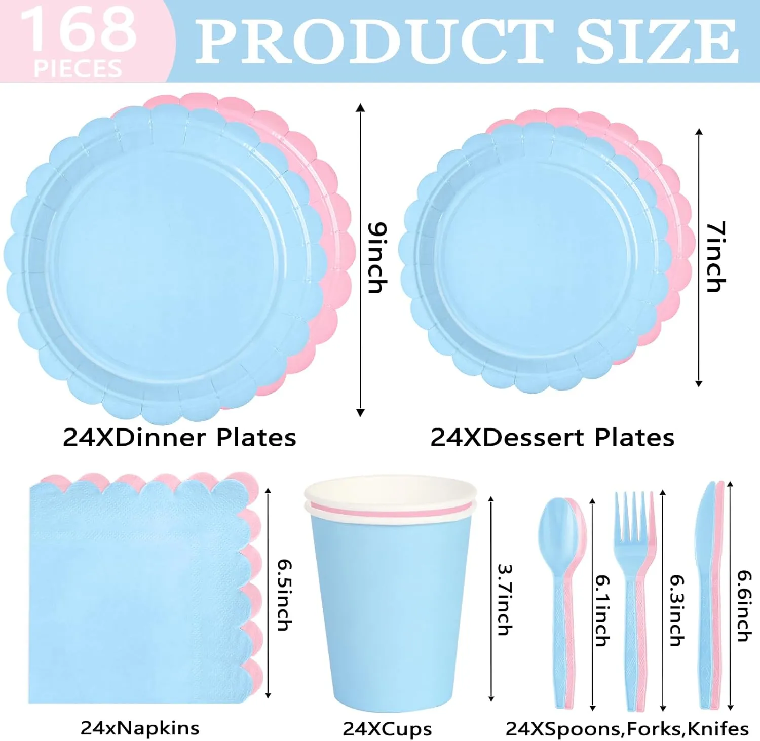 168 PCS Light Pink and Blue Scalloped Plates and Napkins, Pink Disposable Plates Set with Napkins Cups Plastic Spoons Forks Knivesfor Baby Shower Gender Reveal Birthday Party Supplies Serve 24 Guests