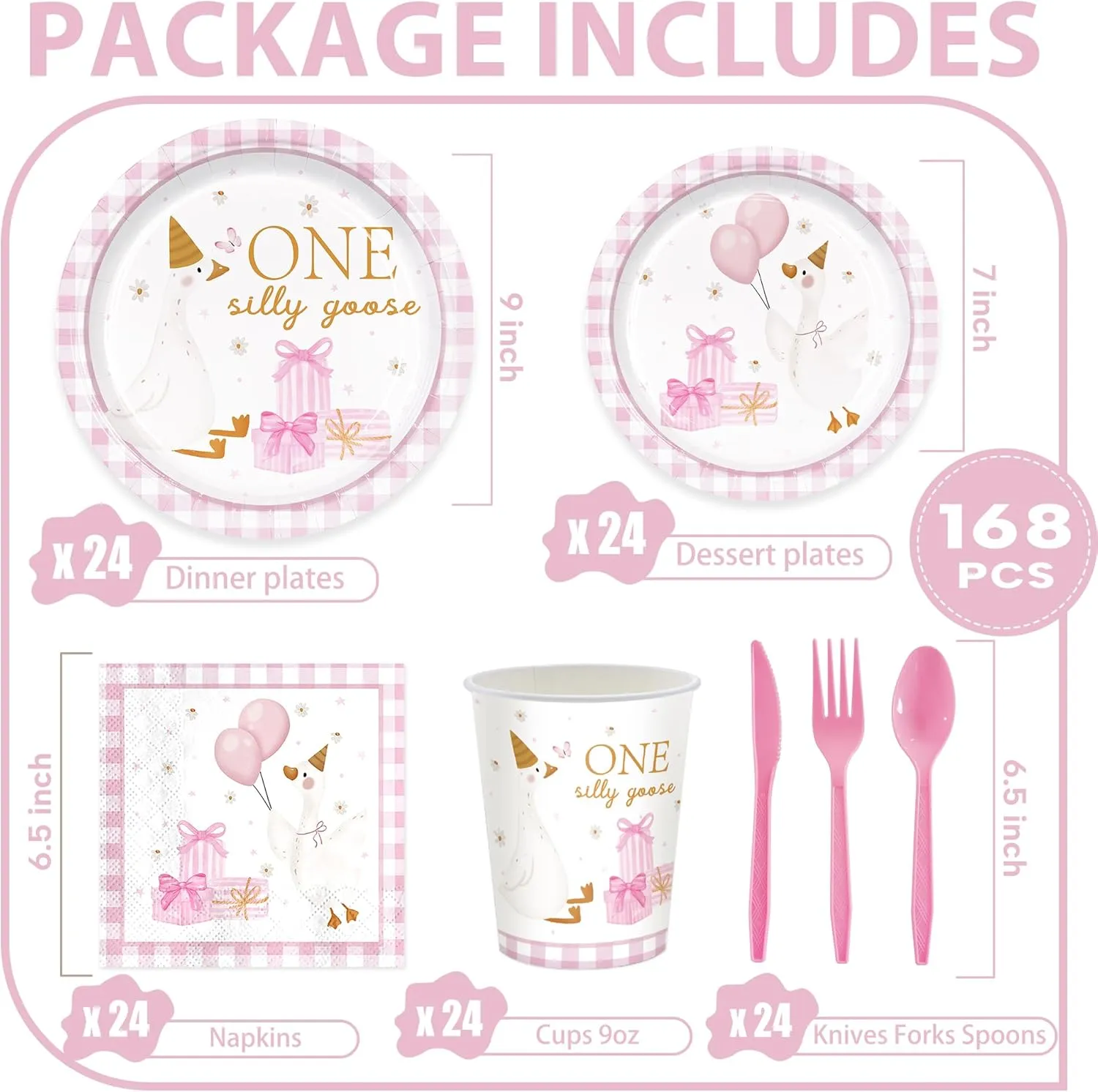168pcs One Silly Goose Party Supplies Paper Plates Napkins Cups Goose Theme Disposable Tableware Set Silly Goose Birthday Party Decorations for Girls 1st Birthday 24 Guests