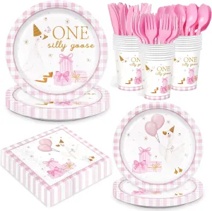 168pcs One Silly Goose Party Supplies Paper Plates Napkins Cups Goose Theme Disposable Tableware Set Silly Goose Birthday Party Decorations for Girls 1st Birthday 24 Guests