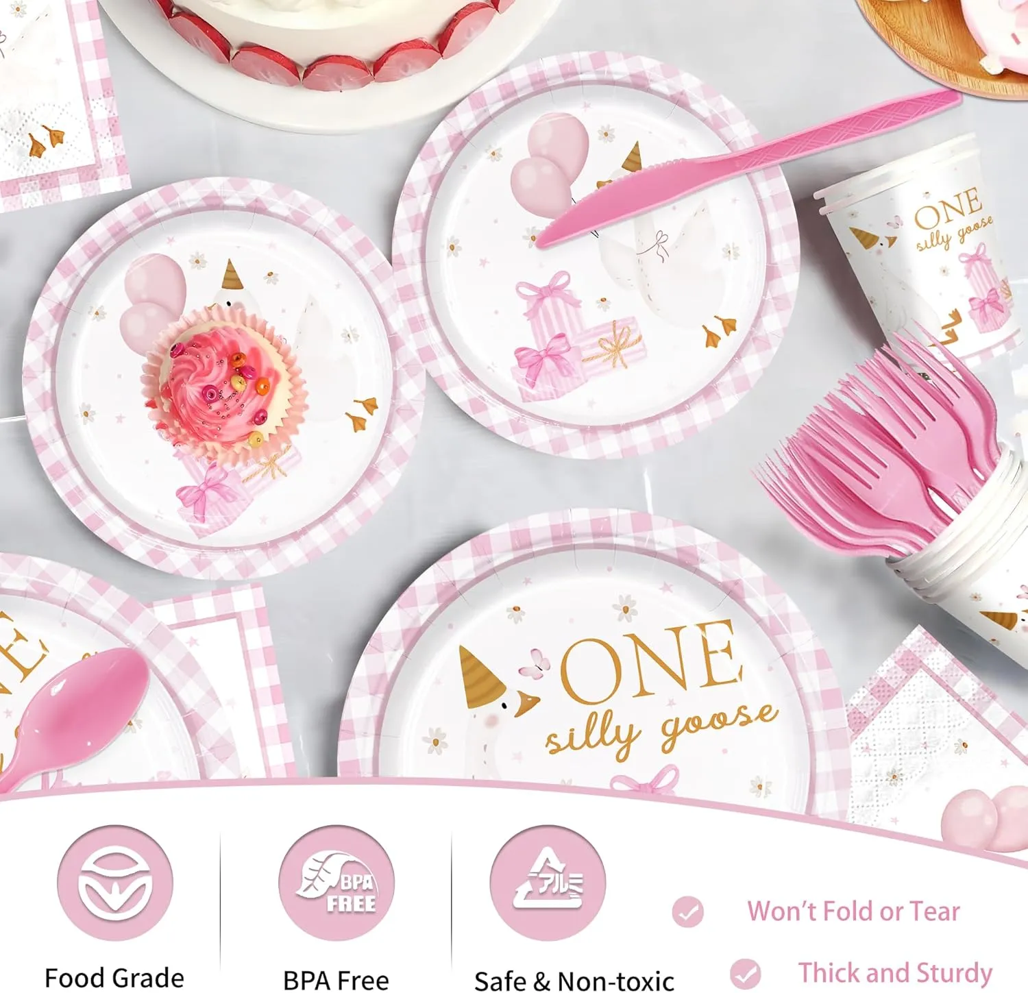 168pcs One Silly Goose Party Supplies Paper Plates Napkins Cups Goose Theme Disposable Tableware Set Silly Goose Birthday Party Decorations for Girls 1st Birthday 24 Guests