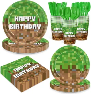 168pcs Pixel Plates Napkins Mining Pixel Party Supplies Disposable Paper Cups Green Forks Birthday Party Decorations Tableware Set for Boys Kid Teen Birthday Decor Serves 24