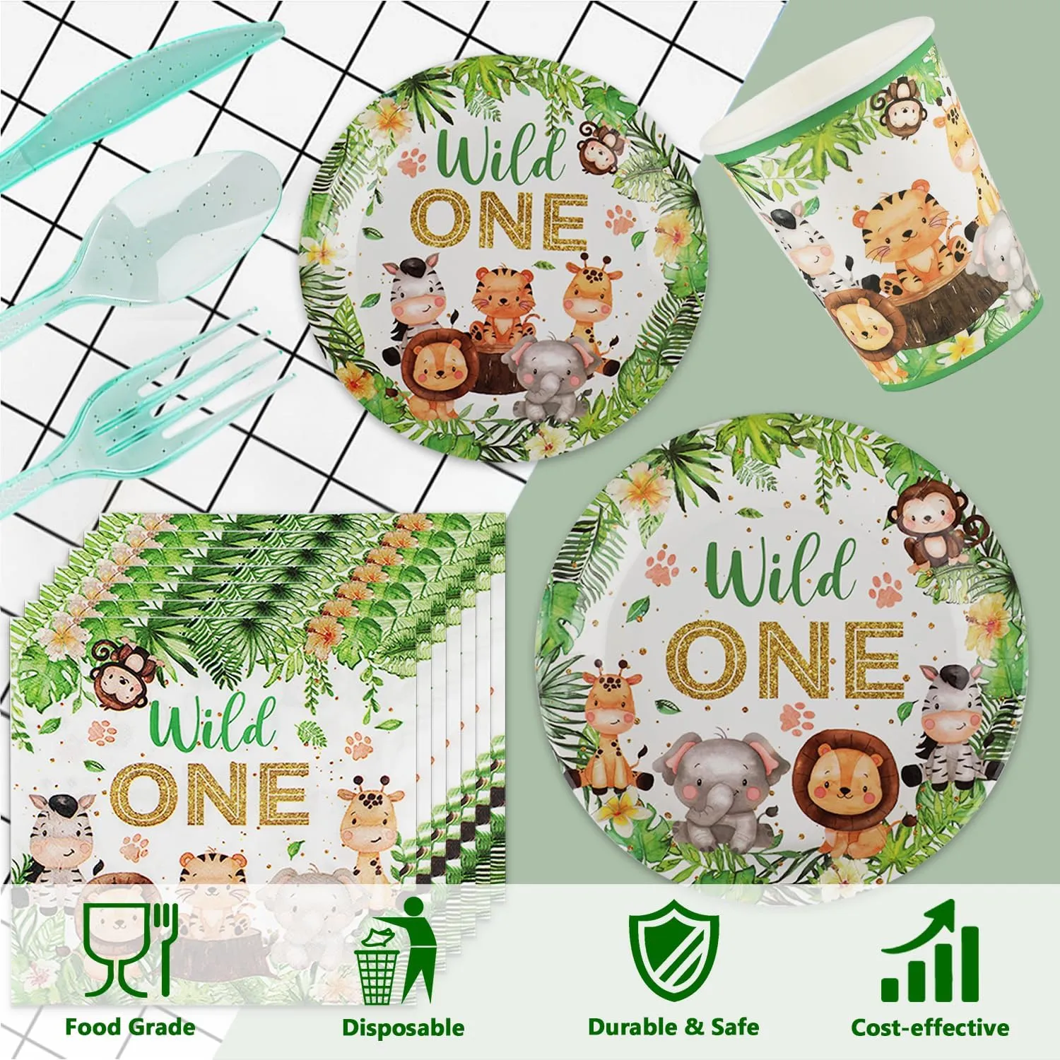 168Pcs Woodland Creatures Forest Animal Theme Party Supplies,Disposable Tableware Set,Include Plates Cups Napkins,Safari Jungle Wild Animal Paper Plates Set for Baby Shower Birthday Party Serves 24