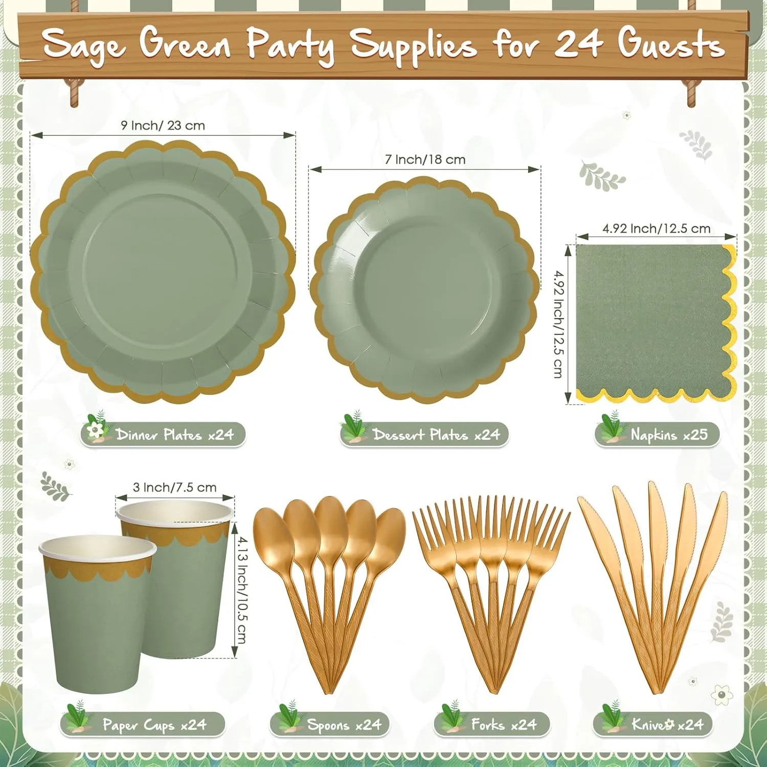 169 Pcs Sage Green Plates and Napkins Party Supplies for Guests Sage Green Tableware Include Scalloped Plates Paper Napkin Cup Spoon Fork Knife for Baby Shower, Wedding, Birthday